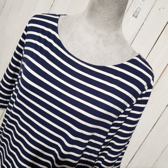 Chico's XL Top Blouse Blue White Striped Short Sleeve Tie Front Knit Stretch - Picture 2 of 5